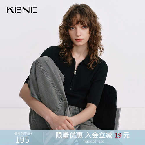 KBNEpolo羊毛短袖半拉链针织衫女2026秋季新款黑色上衣气质打底衫