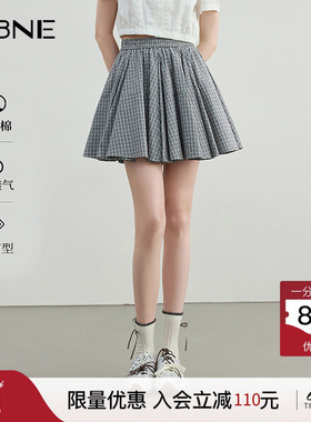 KBNE蓝色短裙女蓬蓬裙格纹半身裙2026夏季新款小个子气质格子半裙