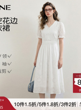 】KBNE连衣裙女V领棉布绣花白色裙子740525170