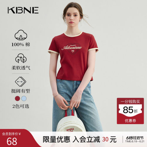 KBNE红色短袖T恤女圆领100%棉上衣夏季新款复古印花独特别致小衫