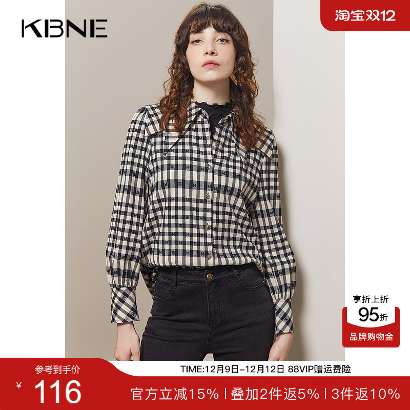 KBNE【商场同款】黑色格纹衬衫女爆款2025年秋冬新款复古潮流上衣