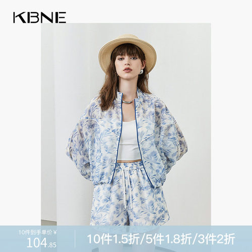 KBNE年新款夏季短外套立领拉链洋气小香风气质薄款印花开衫女