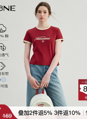 KBNE红色短袖T恤女圆领100%棉上衣夏季新款复古印花独特别致小衫