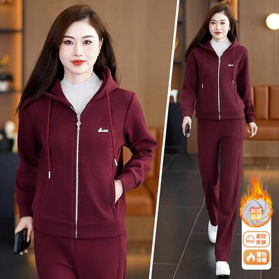 加绒厚运秋动装女冬新款套高端保暖休闲连帽开84411482衫卫衣两加