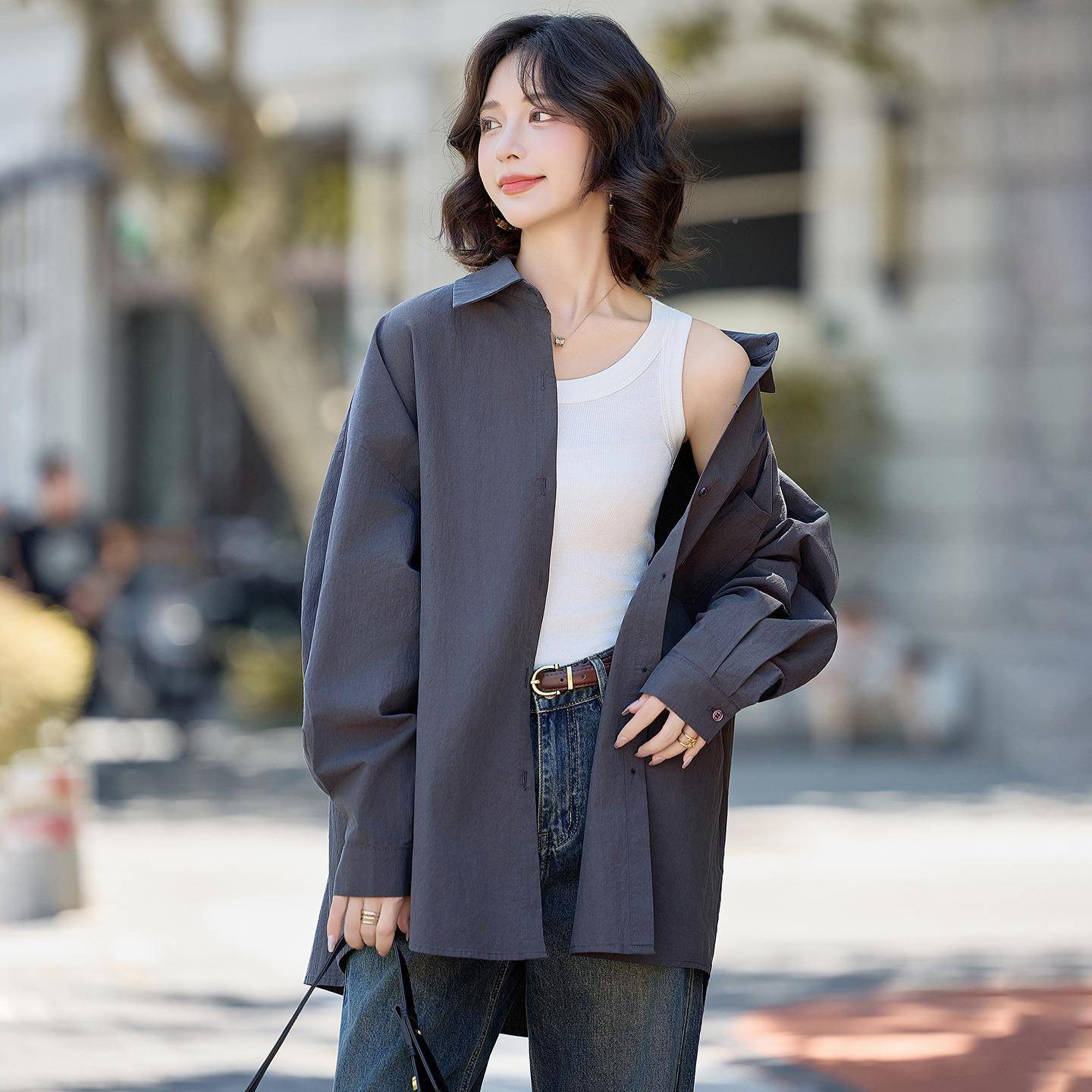 女0LB2883式衬衫225秋季格2子背宽松甜美设计感叠长袖衬衣女配心