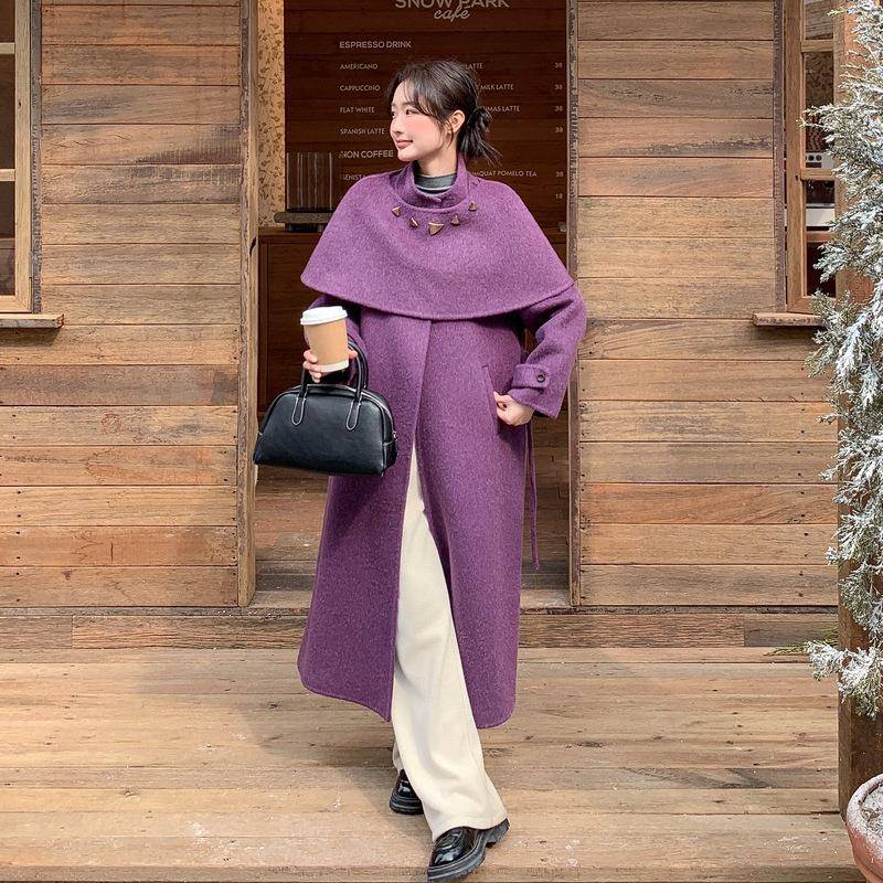 级紫色双款面羊C067-972绒长大衣女系带高感款冬装宽松气质流新行