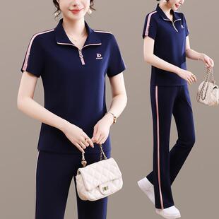 夏季款翻领运动冰套装女红新短袖长裤丝两件套减龄休18-55闲服色