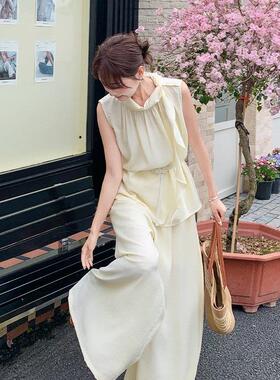 浅色飘带袖2B225-26挂无脖上衣阔腿裤套装新款女夏气黄质御姐件风
