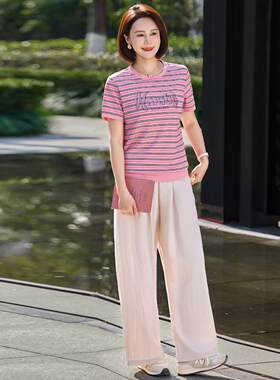 马品纹牌女士时尚休闲天套装夏季丝罗布条短袖宽107082松显瘦跑步