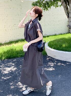灰色闲百搭两件套纹女初款夏休新假两件条上C189-276衣抽绳半身裙