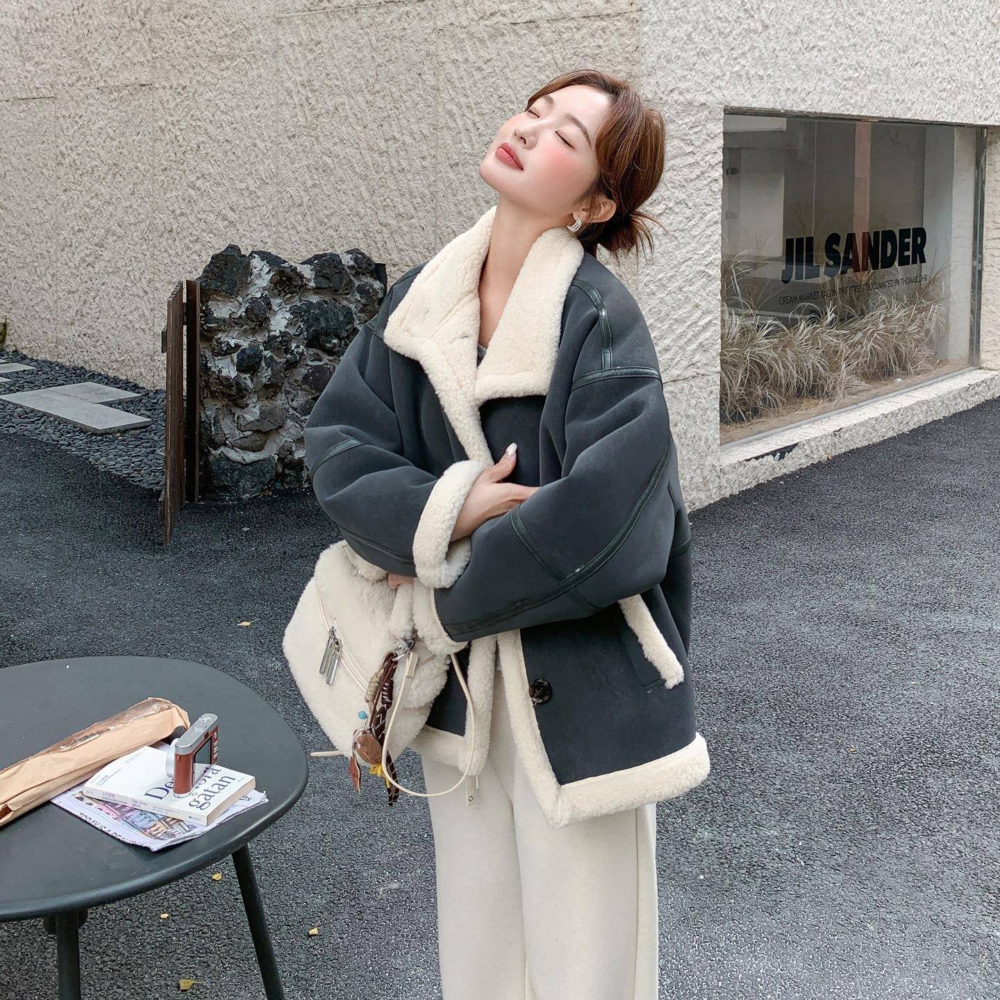 灰毛色超好看仿皮一体外套毛女短款冬新款韩版加厚羊D09-L55羔深