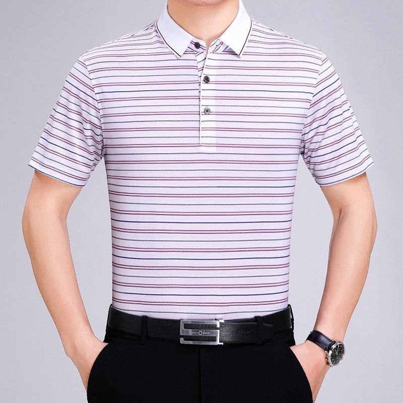 季新款士短A919-B袖衣恤夏翻领条男纹上中年商务桑蚕丝爸爸装体恤