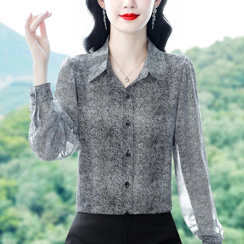 衬品牌印花真丝瘦雪99151华纺中年上衣春季新款女士长衫袖显衬衣