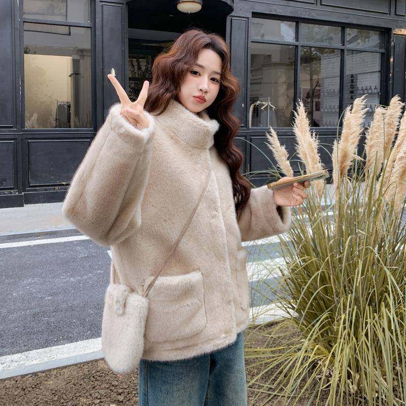 高级棉感羊羔毛仿皮毛一短外套女冬新加款立领体2B141-96厚气质保