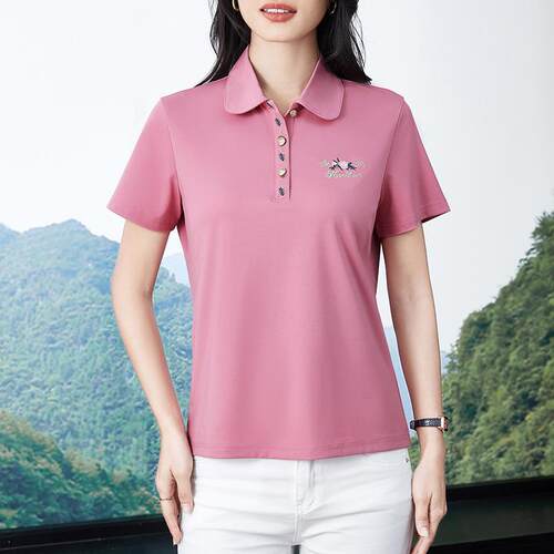 宽女士短袖恤衫夏季新款中9057068年领妈松上衣服妈休闲领夏装