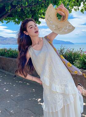 奶白色提花字荷叶边背心连D11-A86设衣裙女夏季肌新款计理感气质