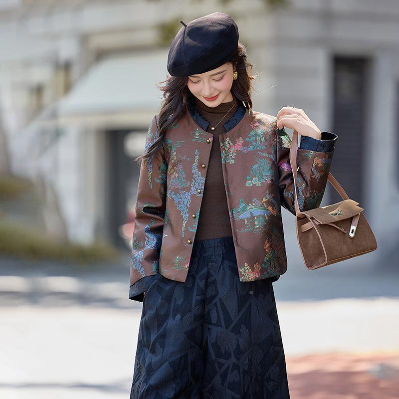 新中式ZSHUI271国风鸭羽绒服绒女短款年冬季高级感古提花白加厚外