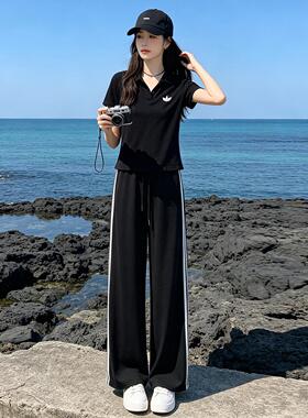 三休ZR2C310闲运套装女夏季新动款高条级感领杠短袖阔腿裤两件套
