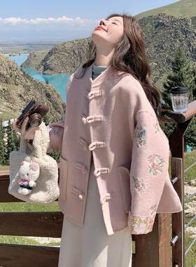 色新中式国风刺绣双面呢毛外套粉ZR2C230女羊时新款盘扣髦洋气大