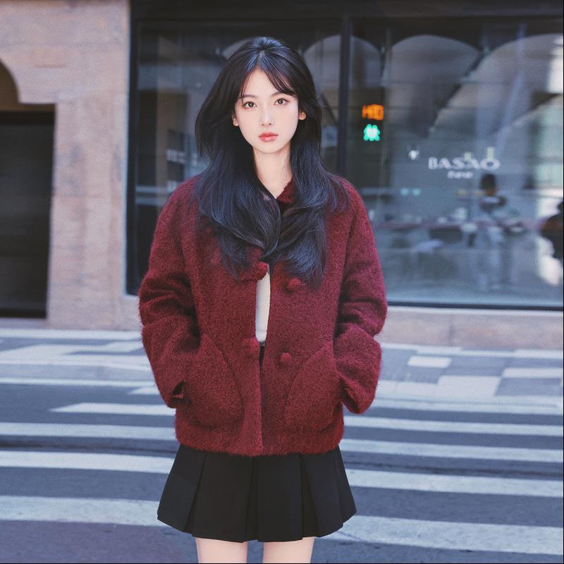 圣款诞新年喜庆红色甜美减龄粗花呢圈呢子套女外冬新小个子C021-1