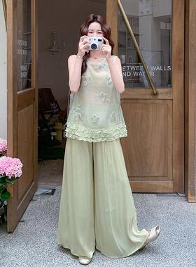 浅绿色中式风套装女夏新款新D109-929花朵裤刺国绣无袖上衣阔腿两