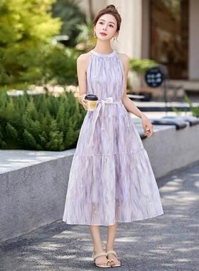 ZLAN975韩系温柔风晕款染边挂脖连衣裙女夏季背新海度假无袖碎花