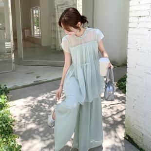 绿浪漫风绝美松弛感上衣套装女裤夏季c528-272新款高腰阔薄腿两件