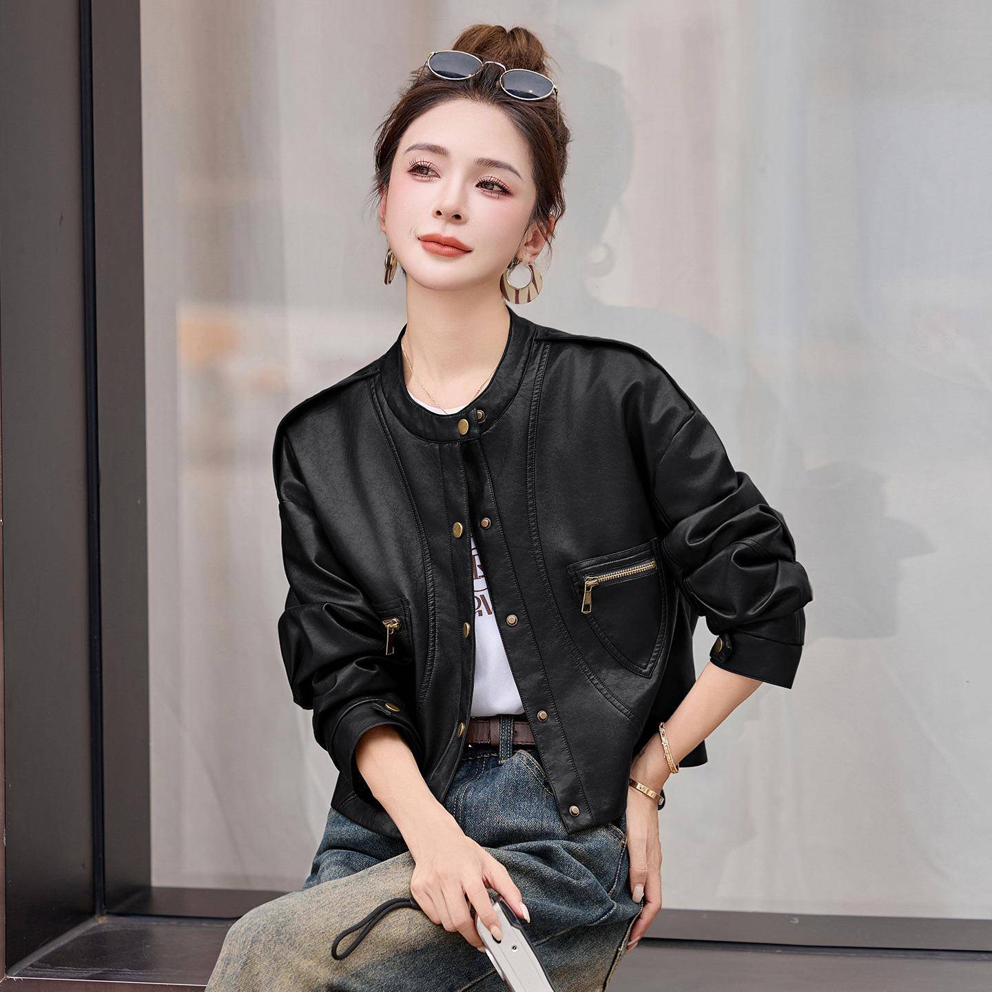 2025秋装新款高女装级感通勤皮夹2克气WA2522-0质立领短款P皮外套