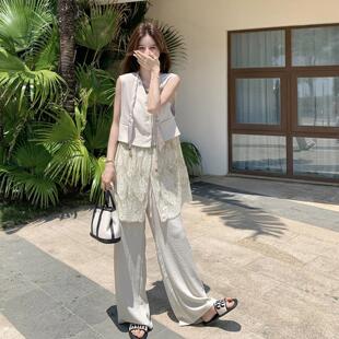 韩版蕾丝拼接马甲阔腿件裤套装瘦女年夏季新款气显质宽C159-919松