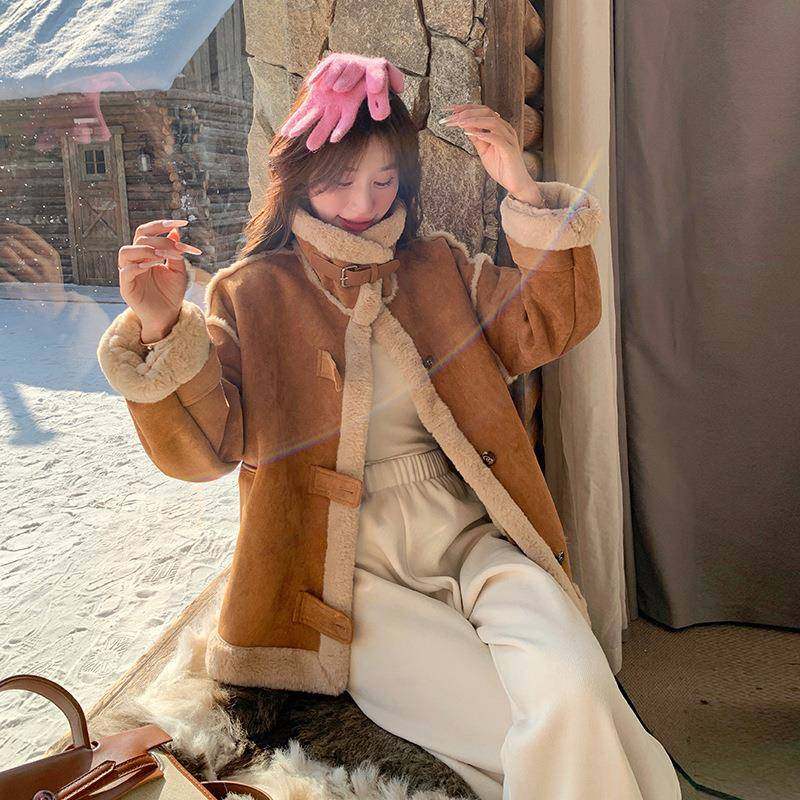 卡其色体复古休闲风仿皮毛一外接套女冬款韩系撞色C170-803拼加厚