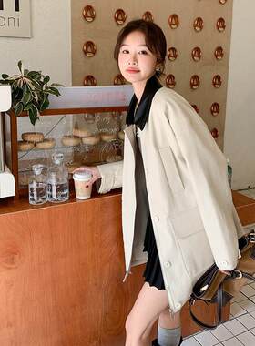 休闲闲米风白色皮衣外女年春季韩系级感洋气ZZB2896套休翻领上衣