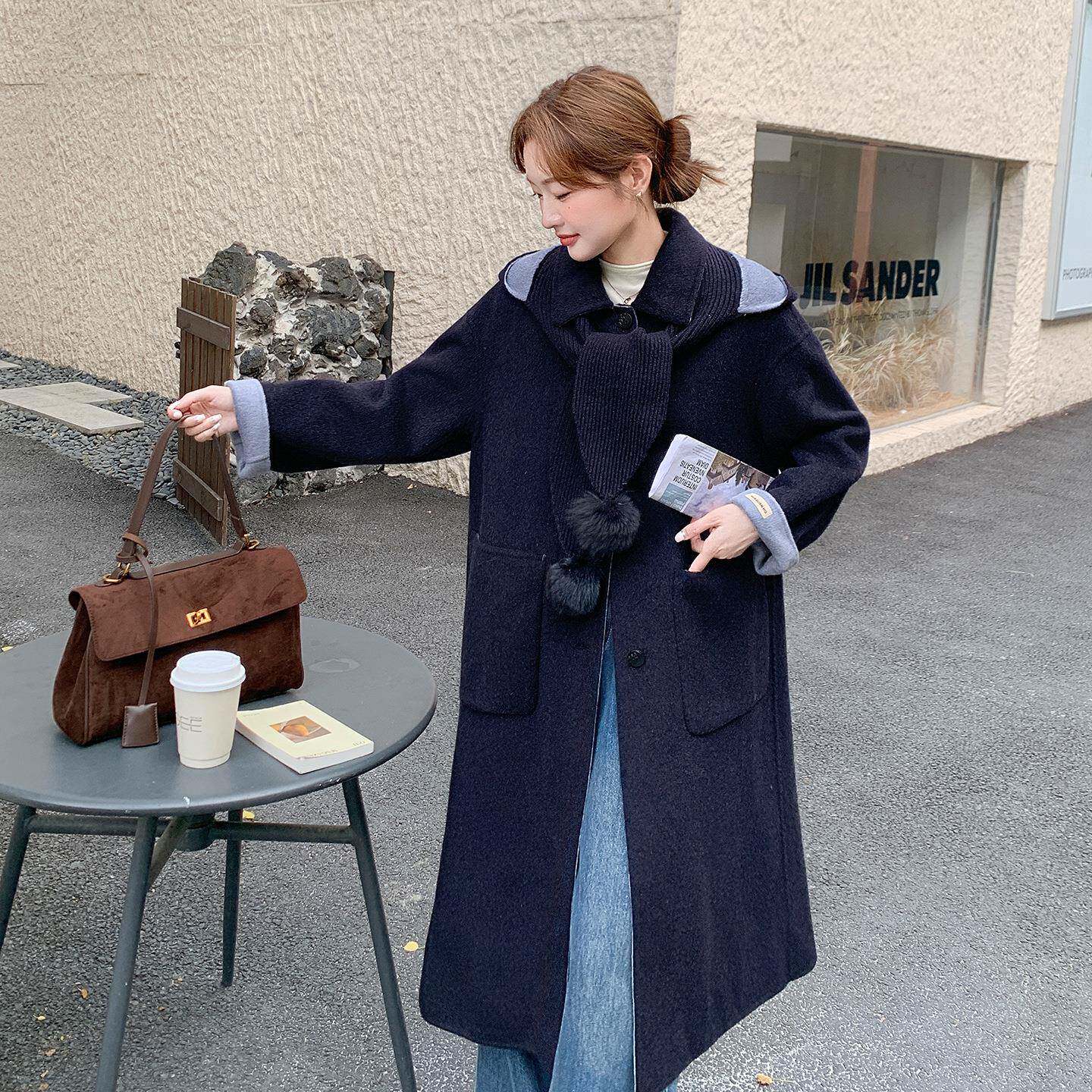 蓝色帽毛呢大衣新2B114-21女连中长羊款冬季款韩版高级感毛球装饰