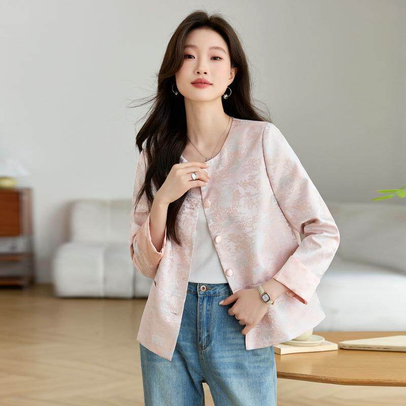 WW5819-032025套年春季8新款休闲气质优雅短款女装新中式时尚提花