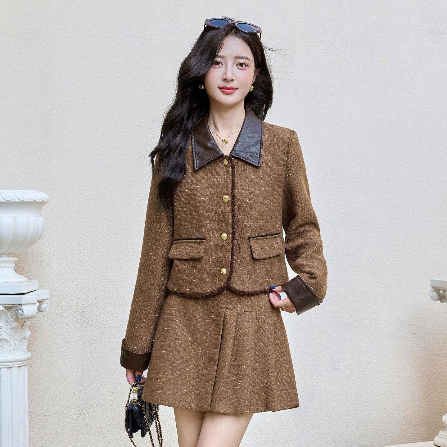 小香风套套女春秋新款显瘦时ZYA868J尚翻皮拼装接外半身裙领两件