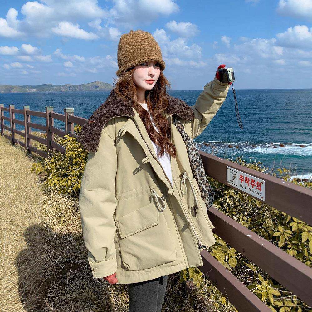 羊羔毛大翻领中长羽绒服女暖冬厚季新C087-185款加保牛角款扣派克