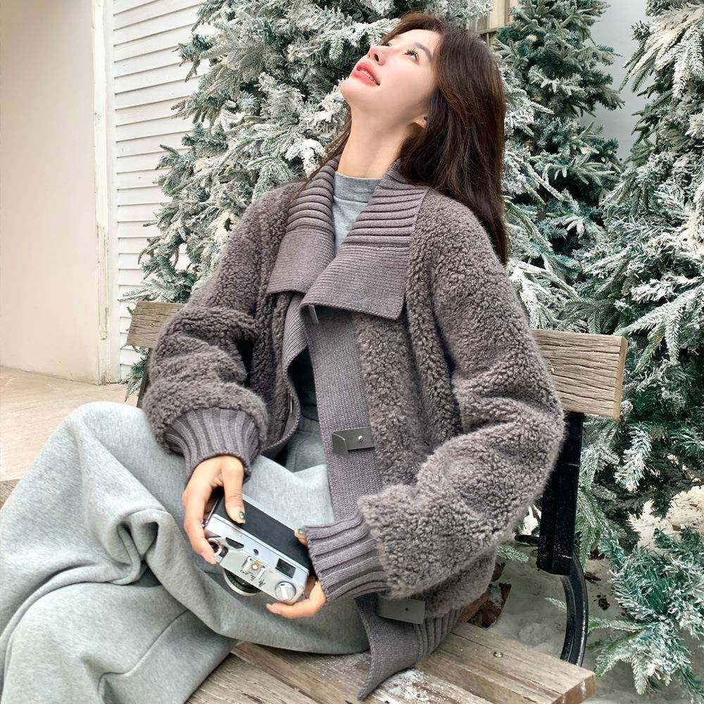 灰个针织拼接款羊羔毛外套女秋冬新韩系c100-291加厚绒色保暖小子