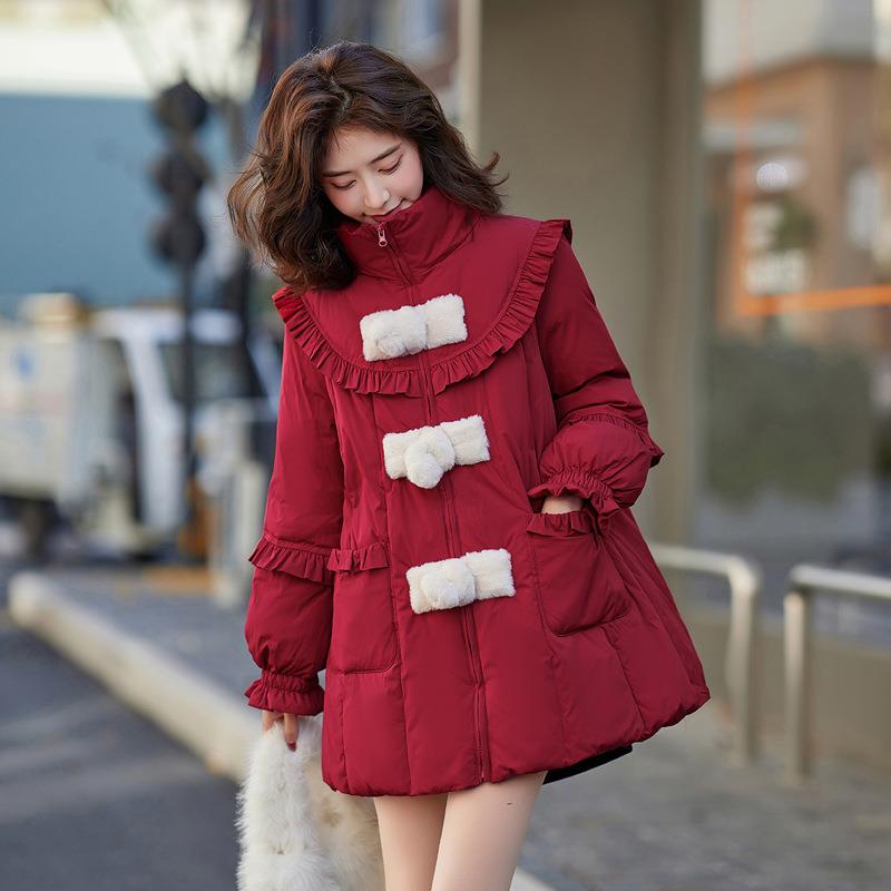 领国风圣诞衣羽款绒服女2立024冬季新款木耳BX2396-1边羽绒大外套