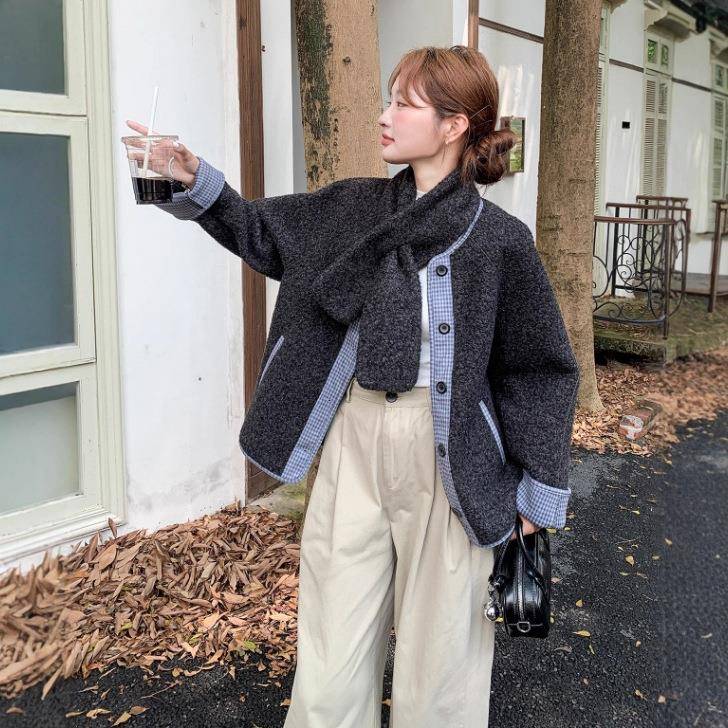 灰b297-179色格子拼接淡深人宽套外女冬季新款慵懒风松小个子短款