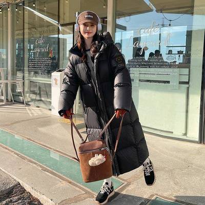 黑色韩系时尚防寒白鹅绒羽绒女B191-612连长款冬新款过膝暖保帽服