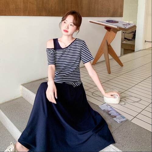 藏青色露肩条纹吊带背心连衣C221-F裙套装两韩件套女夏季系一整叠