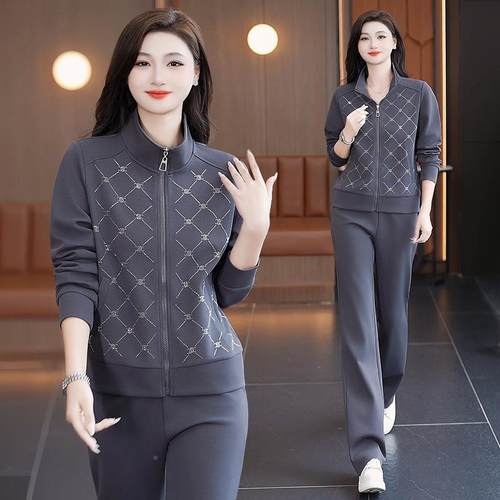 运动套装女春秋新款时尚减龄跑拼领休闲9665901卫衣色步服两件套