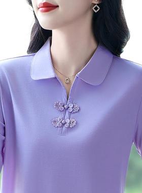 新中式国风长袖女春秋领减龄妈妈衫纯恤色搭RUR百宽松上衣翻潮