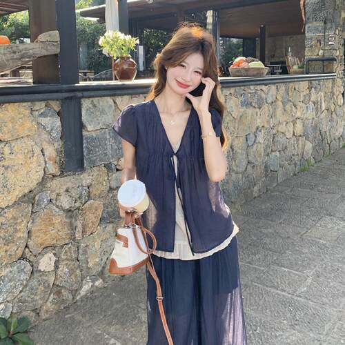 藏色松韩系休D055-608闲套装女夏季弛感领假两件上衣阔青腿裤两件