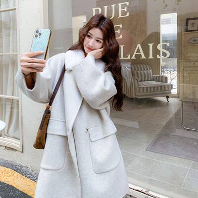 米白色双面毛羊大衣宽女年冬季中b163-262外长款时尚韩系松百搭呢