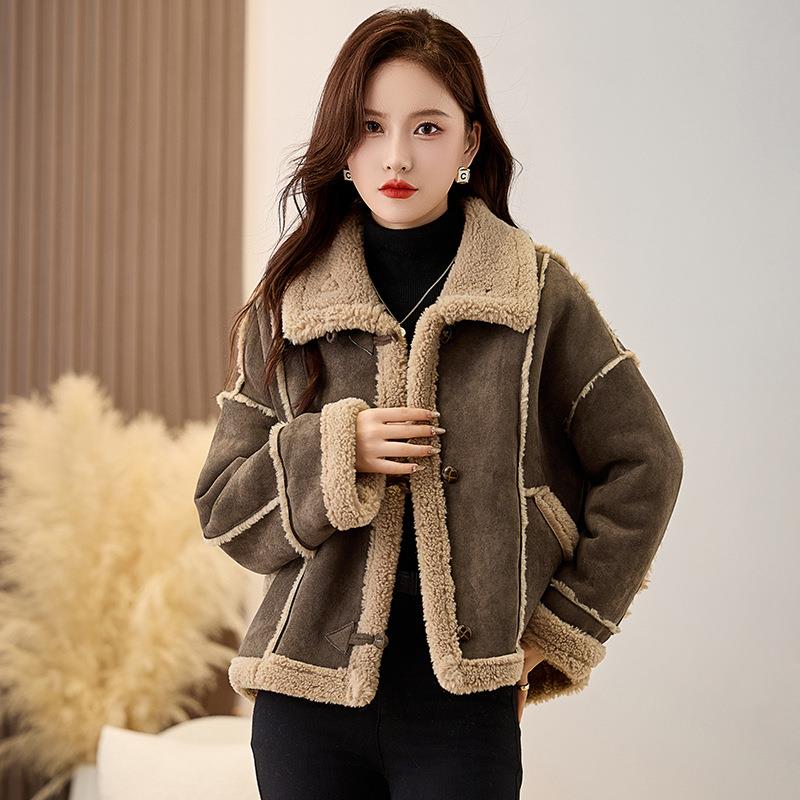 羊羔毛皮毛体外套8女冬季加厚保暖仿YX86208-麂皮0绒翻领时尚外套