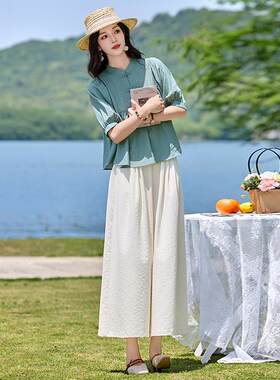 韩系宽浅春宽系短袖上衣阔裤套装女ZGAUN265夏松显松瘦腿气质穿搭