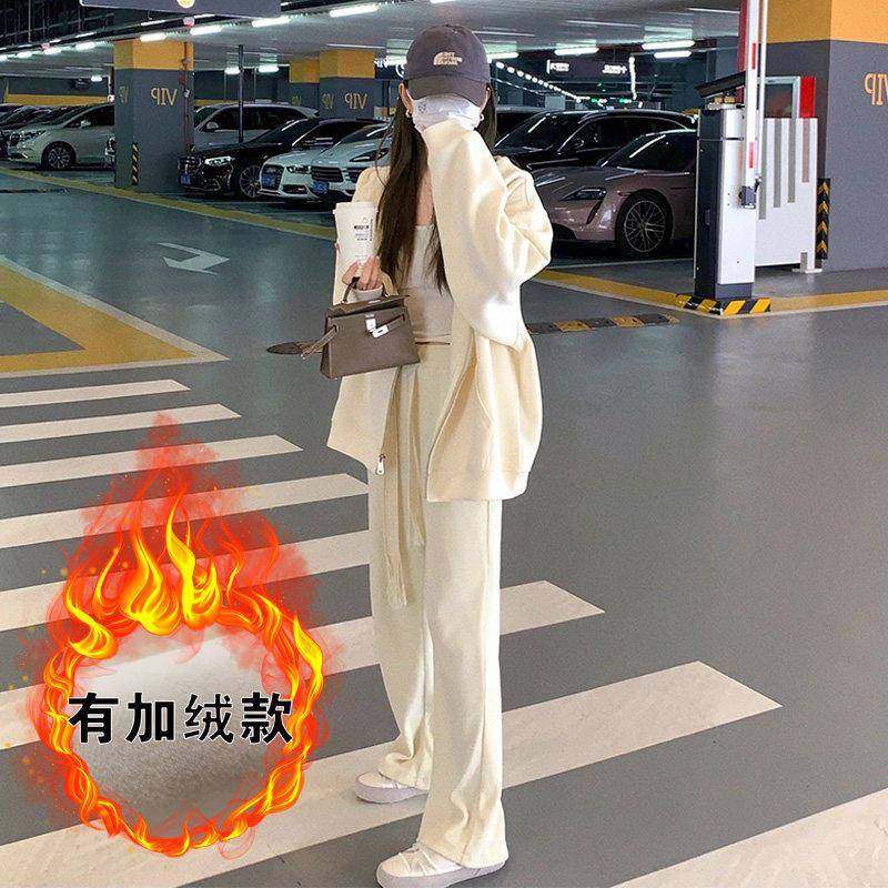 欧洲站运动套装女秋冬2025年新款时尚加绒加厚卫衣阔腿裤两件套潮