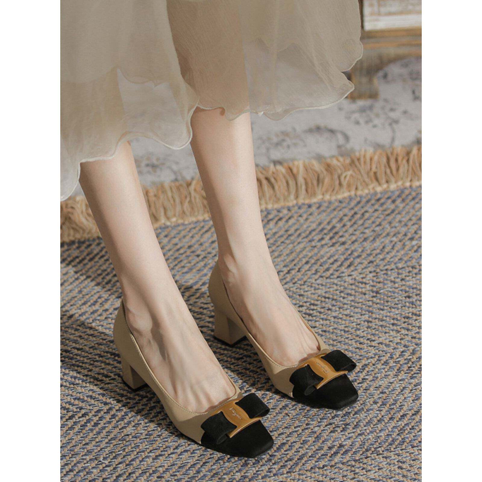 港风轻奢新款~真皮中跟粗跟单鞋女春秋不累脚方头浅口职业高跟鞋