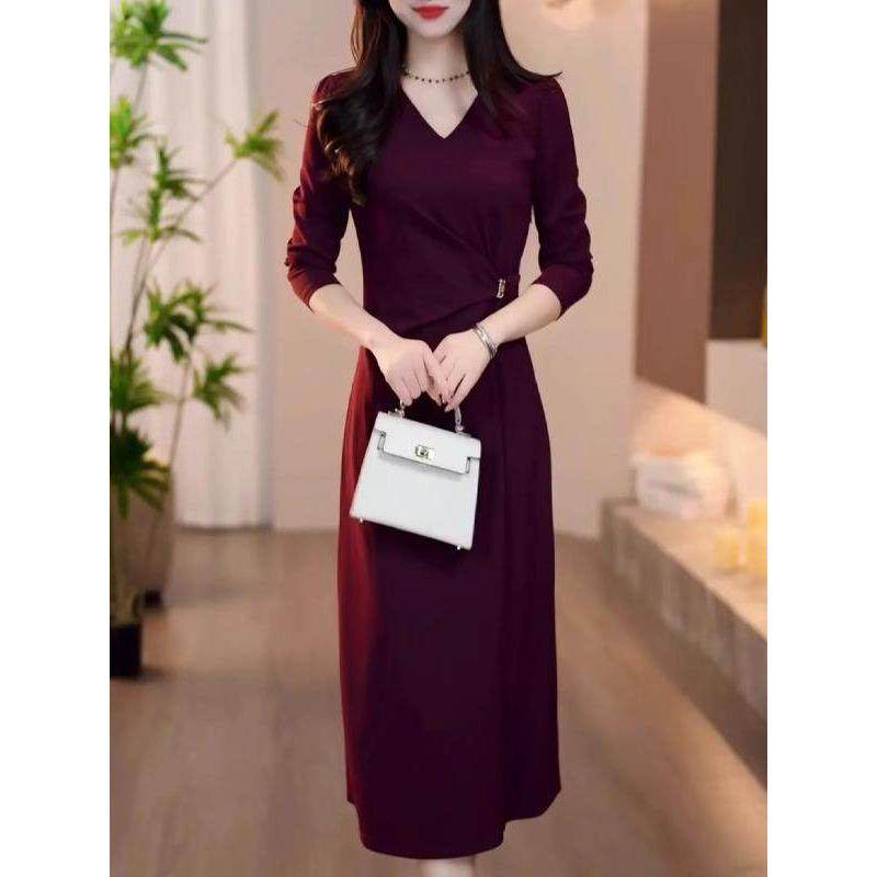 Ocnltiy超好看红色连衣裙女新款秋季v领显瘦平时可穿婚宴装a字裙