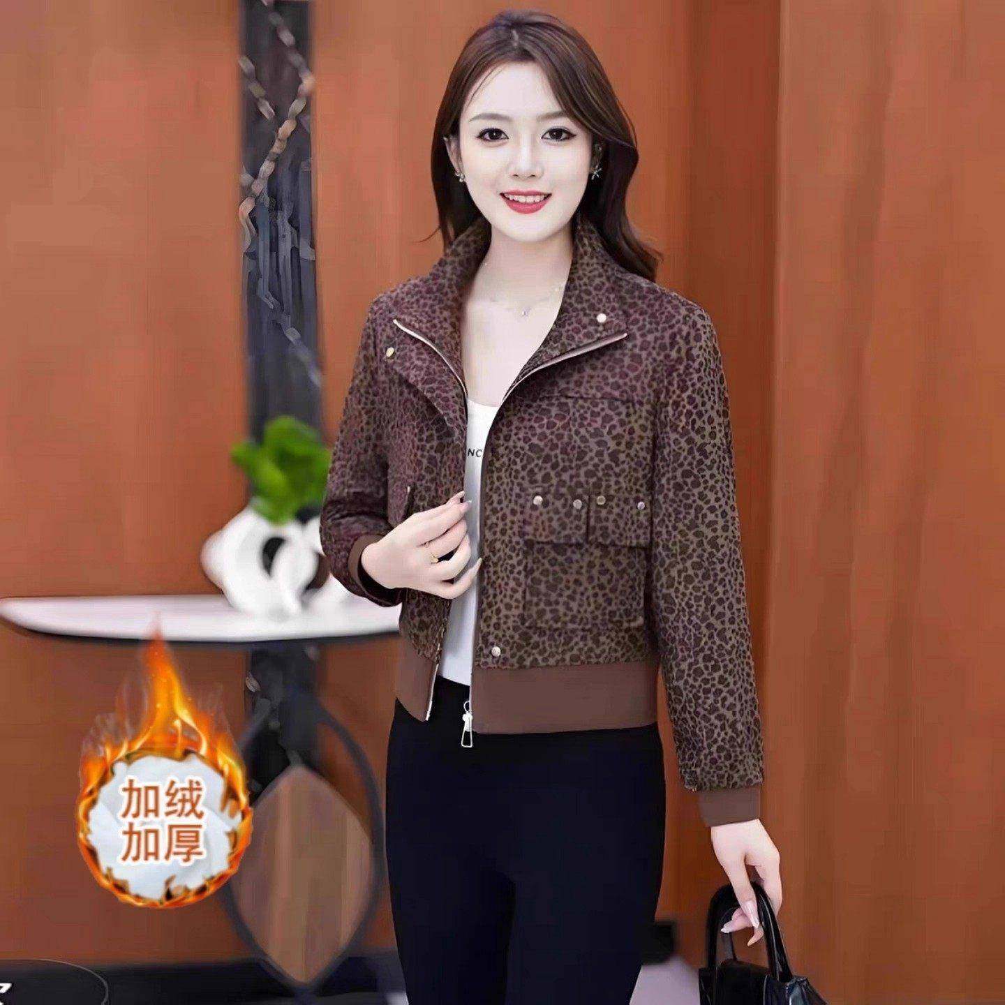 香港代购妈妈装豹纹短外套女士冬季新款时尚减龄加绒加厚夹克上衣